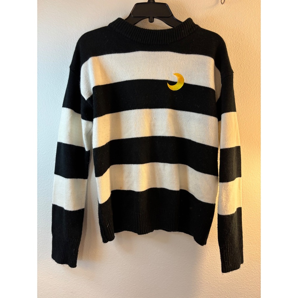 Black and White Striped Crewneck Sweater with Yellow Crescent Moon Embroidery